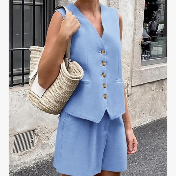 PrettyGarden Pants - 💚 2/$12 or 3/$17  PrettyGarden Light Blue Vest & Shorts Set